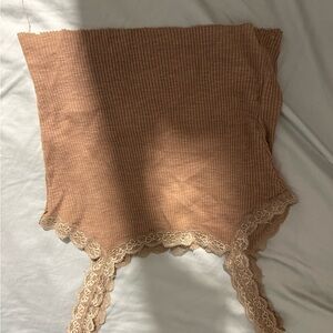 Brown Ribbed Lace Trim Top